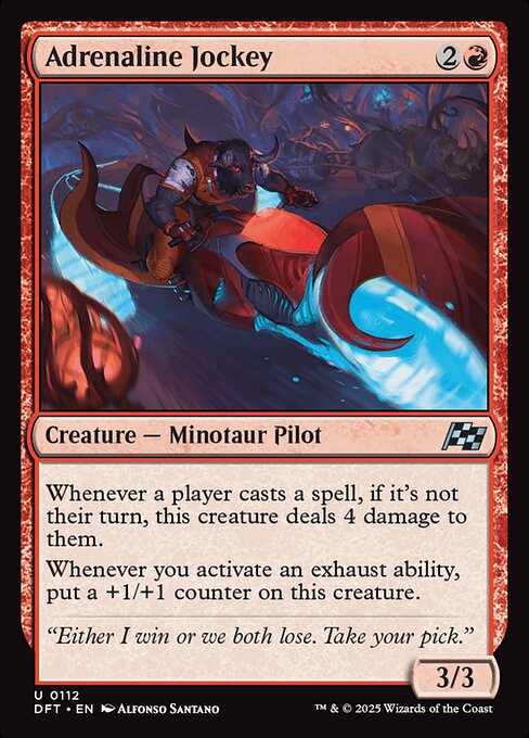 Whenever a player casts a spell, if it's not their turn, this creature deals 4 damage to them.
Whenever you activate an exhaust ability, put a +1/+1 counter on this creature.