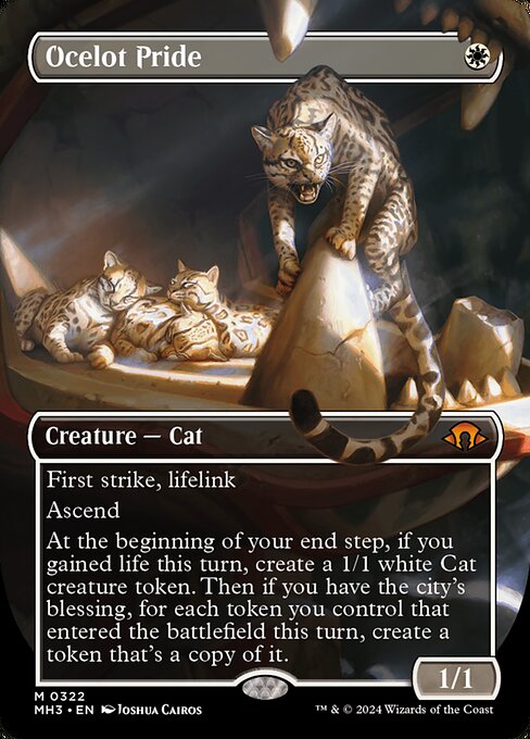 First strike, lifelink
Ascend (If you control ten or more permanents, you get the city's blessing for the rest of the game.)
At the beginning of your end step, if you gained life this turn, create a 1/1 white Cat creature token. Then if you have the city's blessing, for each token you control that entered the battlefield this turn, create a token that's a copy of it.