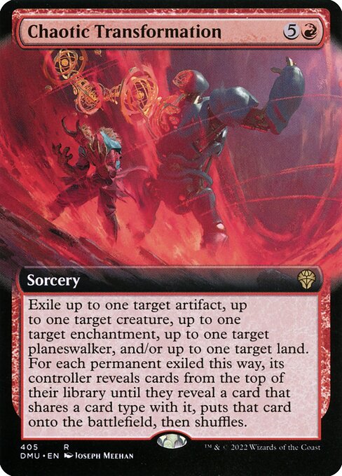 Exile up to one target artifact, up to one target creature, up to one target enchantment, up to one target planeswalker, and/or up to one target land. For each permanent exiled this way, its controller reveals cards from the top of their library until they reveal a card that shares a card type with it, puts that card onto the battlefield, then shuffles.