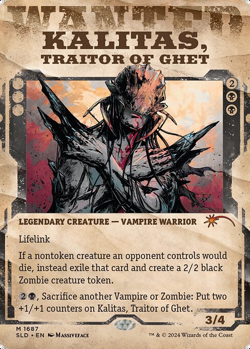 Lifelink
If a nontoken creature an opponent controls would die, instead exile that card and create a 2/2 black Zombie creature token.
{2}{B}, Sacrifice another Vampire or Zombie: Put two +1/+1 counters on Kalitas, Traitor of Ghet.