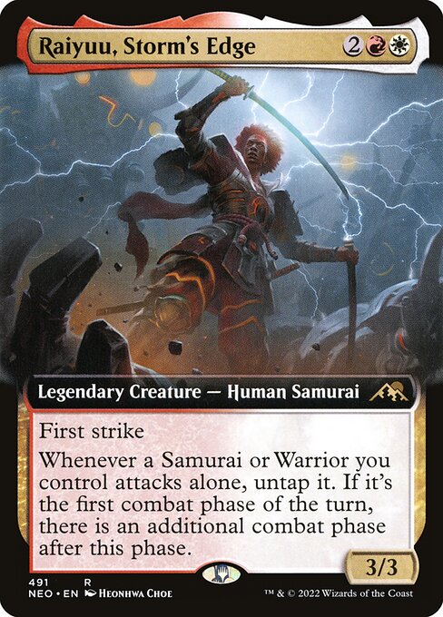 First strike
Whenever a Samurai or Warrior you control attacks alone, untap it. If it's the first combat phase of the turn, there is an additional combat phase after this phase.