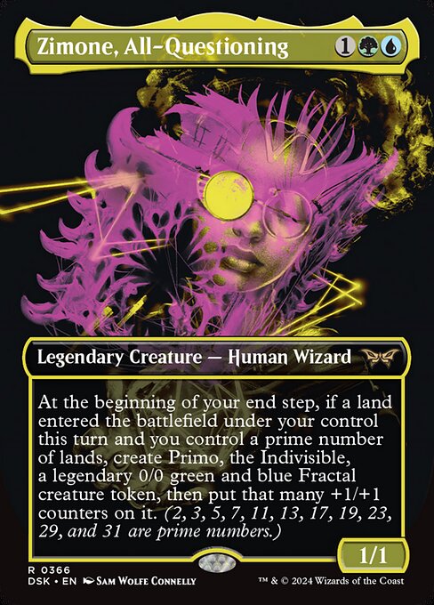 At the beginning of your end step, if a land entered the battlefield under your control this turn and you control a prime number of lands, create Primo, the Indivisible, a legendary 0/0 green and blue Fractal creature token, then put that many +1/+1 counters on it. (2, 3, 5, 7, 11, 13, 17, 19, 23, 29, and 31 are prime numbers.)