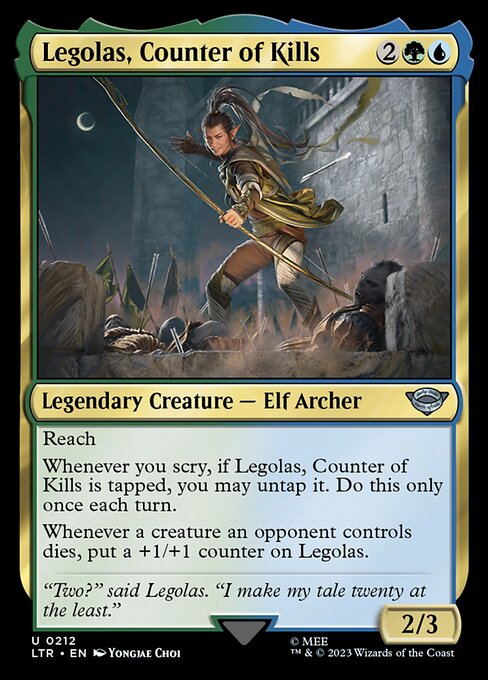 Reach
Whenever you scry, if Legolas, Counter of Kills is tapped, you may untap it. Do this only once each turn.
Whenever a creature an opponent controls dies, put a +1/+1 counter on Legolas.