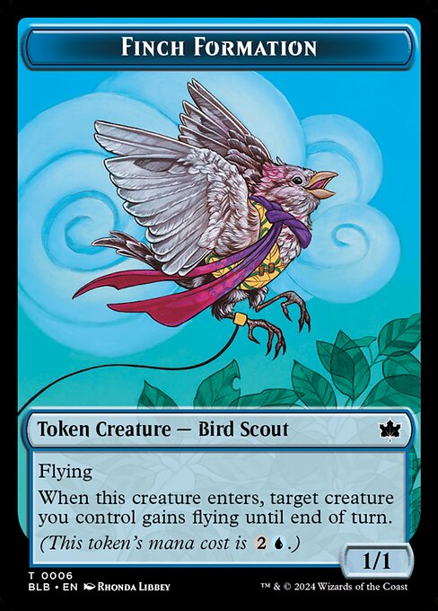Flying
When this creature enters, target creature you control gains flying until end of turn.
(This token's mana cost is {2}{U}.)