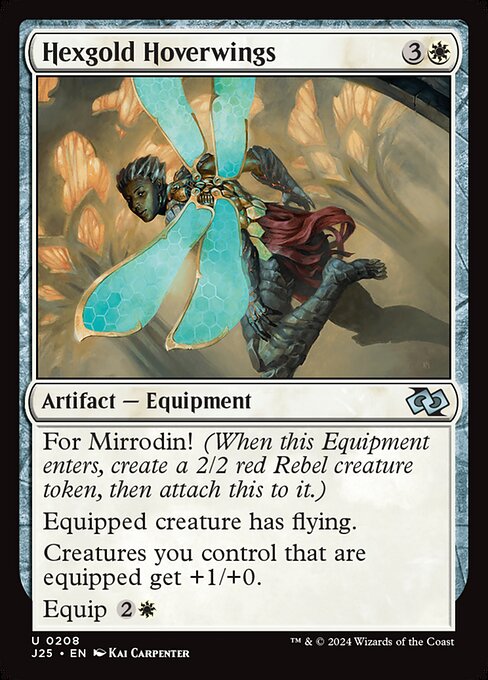 For Mirrodin! (When this Equipment enters, create a 2/2 red Rebel creature token, then attach this to it.)
Equipped creature has flying.
Creatures you control that are equipped get +1/+0.
Equip {2}{W}