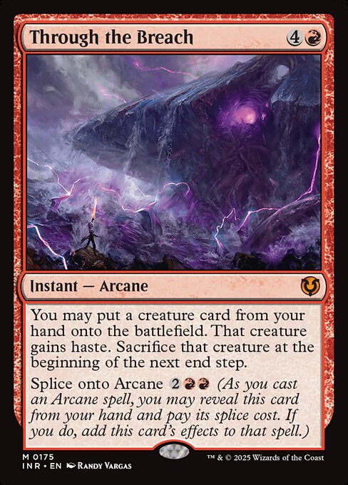 You may put a creature card from your hand onto the battlefield. That creature gains haste. Sacrifice that creature at the beginning of the next end step.
Splice onto Arcane {2}{R}{R} (As you cast an Arcane spell, you may reveal this card from your hand and pay its splice cost. If you do, add this card's effects to that spell.)