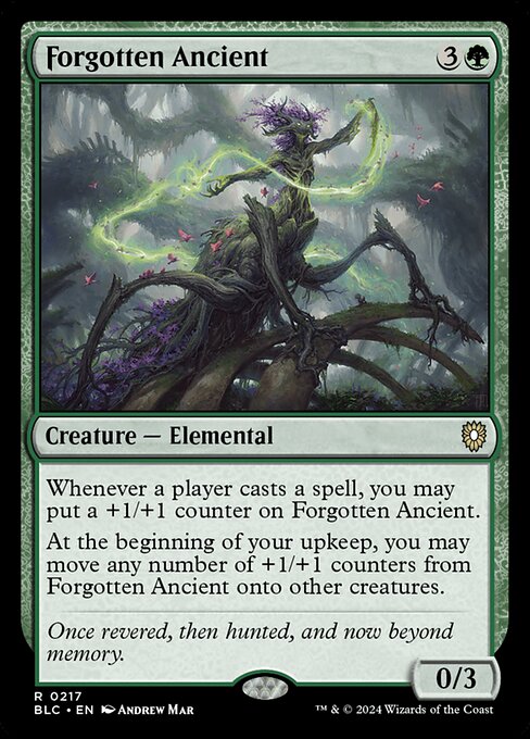 Whenever a player casts a spell, you may put a +1/+1 counter on Forgotten Ancient.
At the beginning of your upkeep, you may move any number of +1/+1 counters from Forgotten Ancient onto other creatures.