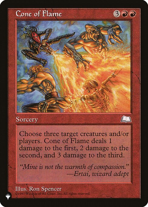 Cone of Flame deals 1 damage to any target, 2 damage to another target, and 3 damage to a third target.