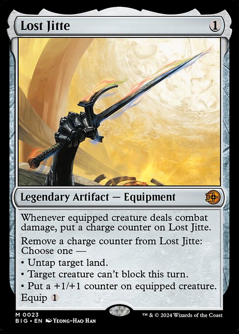 Whenever equipped creature deals combat damage, put a charge counter on Lost Jitte.
Remove a charge counter from Lost Jitte: Choose one —
• Untap target land.
• Target creature can't block this turn.
• Put a +1/+1 counter on equipped creature.
Equip {1}