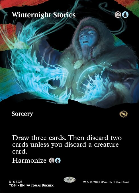 Draw three cards. Then discard two cards unless you discard a creature card.
Harmonize {4}{U} (You may cast this card from your graveyard for its harmonize cost. You may tap a creature you control to reduce that cost by {X}, where X is its power. Then exile this spell.)