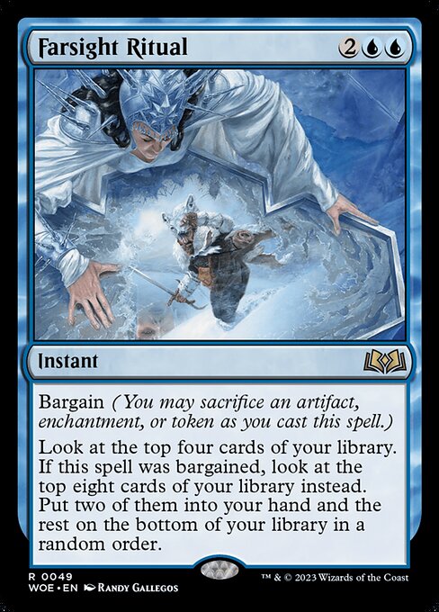 Bargain (You may sacrifice an artifact, enchantment, or token as you cast this spell.)
Look at the top four cards of your library. If this spell was bargained, look at the top eight cards of your library instead. Put two of them into your hand and the rest on the bottom of your library in a random order.
