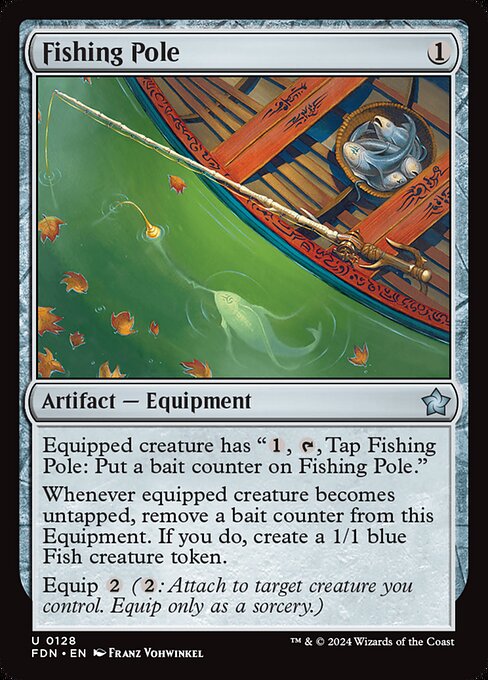 Equipped creature has "{1}, {T}, Tap Fishing Pole: Put a bait counter on Fishing Pole."
Whenever equipped creature becomes untapped, remove a bait counter from this Equipment. If you do, create a 1/1 blue Fish creature token.
Equip {2} ({2}: Attach to target creature you control. Equip only as a sorcery.)