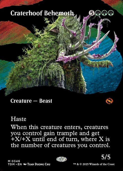 Haste
When this creature enters, creatures you control gain trample and get +X/+X until end of turn, where X is the number of creatures you control.