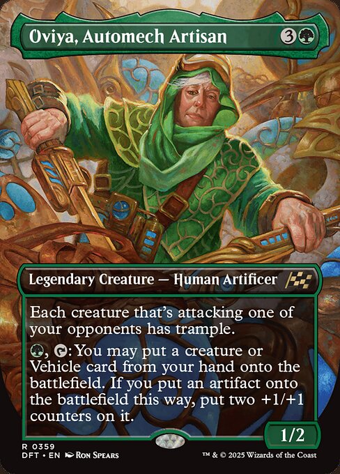 Each creature that's attacking one of your opponents has trample.
{G}, {T}: You may put a creature or Vehicle card from your hand onto the battlefield. If you put an artifact onto the battlefield this way, put two +1/+1 counters on it.