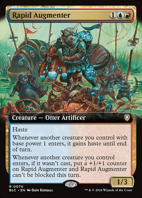 Haste
Whenever another creature you control with base power 1 enters, it gains haste until end of turn.
Whenever another creature you control enters, if it wasn't cast, put a +1/+1 counter on Rapid Augmenter and Rapid Augmenter can't be blocked this turn.