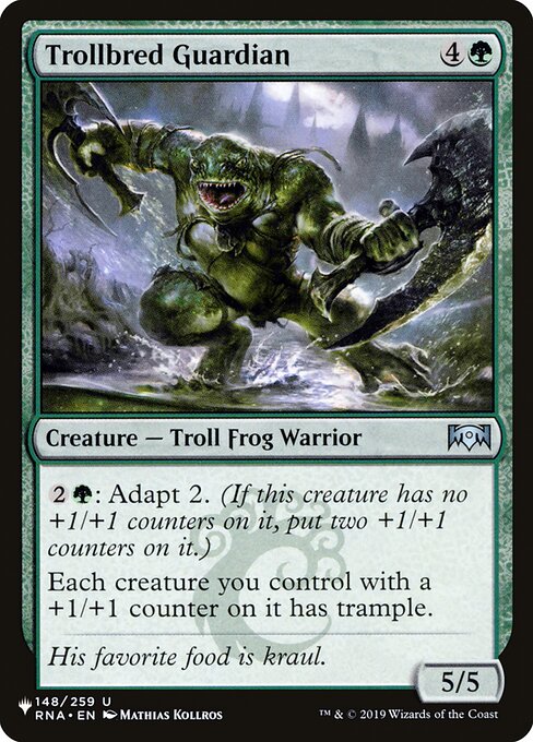 {2}{G}: Adapt 2. (If this creature has no +1/+1 counters on it, put two +1/+1 counters on it.)
Each creature you control with a +1/+1 counter on it has trample.