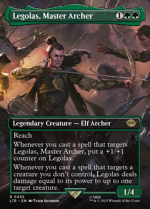 Reach
Whenever you cast a spell that targets Legolas, Master Archer, put a +1/+1 counter on Legolas.
Whenever you cast a spell that targets a creature you don't control, Legolas deals damage equal to its power to up to one target creature.