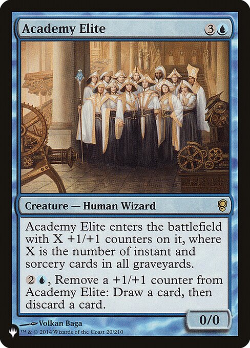 Academy Elite enters the battlefield with X +1/+1 counters on it, where X is the number of instant and sorcery cards in all graveyards.
{2}{U}, Remove a +1/+1 counter from Academy Elite: Draw a card, then discard a card.