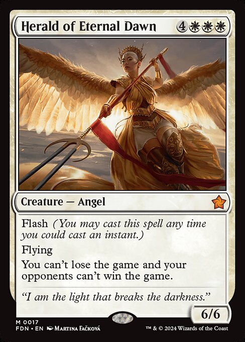 Flash (You may cast this spell any time you could cast an instant.)
Flying
You can't lose the game and your opponents can't win the game.