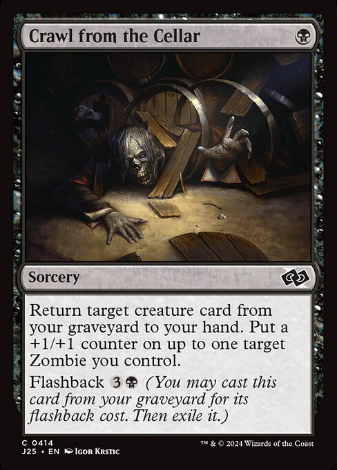 Return target creature card from your graveyard to your hand. Put a +1/+1 counter on up to one target Zombie you control.
Flashback {3}{B} (You may cast this card from your graveyard for its flashback cost. Then exile it.)