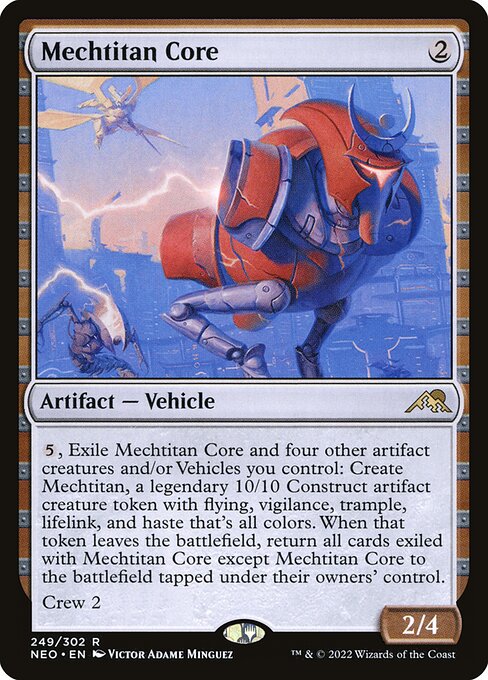 {5}, Exile Mechtitan Core and four other artifact creatures and/or Vehicles you control: Create Mechtitan, a legendary 10/10 Construct artifact creature token with flying, vigilance, trample, lifelink, and haste that's all colors. When that token leaves the battlefield, return all cards exiled with Mechtitan Core except Mechtitan Core to the battlefield tapped under their owners' control.
Crew 2