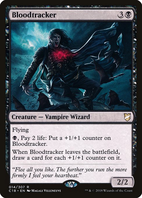 Flying
{B}, Pay 2 life: Put a +1/+1 counter on Bloodtracker.
When Bloodtracker leaves the battlefield, draw a card for each +1/+1 counter on it.