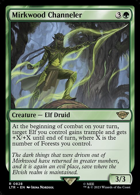 At the beginning of combat on your turn, target Elf you control gains trample and gets +X/+X until end of turn, where X is the number of Forests you control.