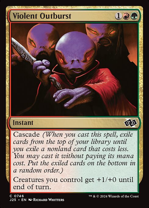 Cascade (When you cast this spell, exile cards from the top of your library until you exile a nonland card that costs less. You may cast it without paying its mana cost. Put the exiled cards on the bottom in a random order.)
Creatures you control get +1/+0 until end of turn.