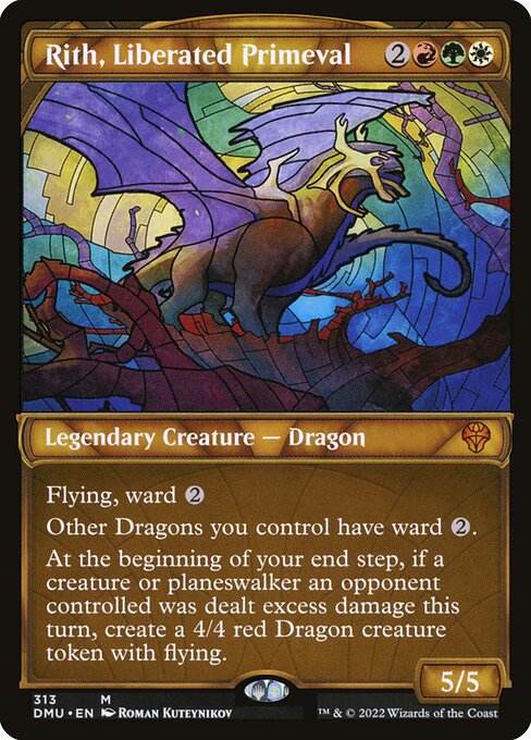 Flying, ward {2}
Other Dragons you control have ward {2}.
At the beginning of your end step, if a creature or planeswalker an opponent controlled was dealt excess damage this turn, create a 4/4 red Dragon creature token with flying.