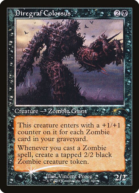 This creature enters with a +1/+1 counter on it for each Zombie card in your graveyard.
Whenever you cast a Zombie spell, create a tapped 2/2 black Zombie creature token.