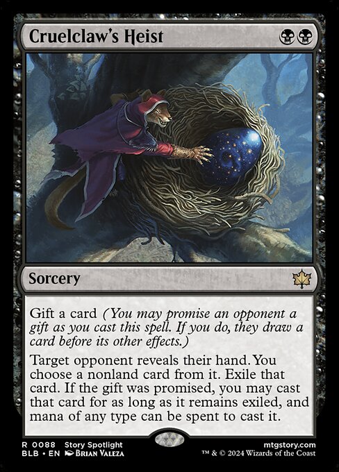 Gift a card (You may promise an opponent a gift as you cast this spell. If you do, they draw a card before its other effects.)
Target opponent reveals their hand. You choose a nonland card from it. Exile that card. If the gift was promised, you may cast that card for as long as it remains exiled, and mana of any type can be spent to cast it.