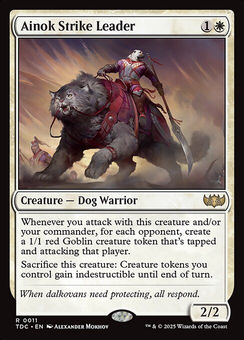 Whenever you attack with this creature and/or your commander, for each opponent, create a 1/1 red Goblin creature token that's tapped and attacking that player.
Sacrifice this creature: Creature tokens you control gain indestructible until end of turn.