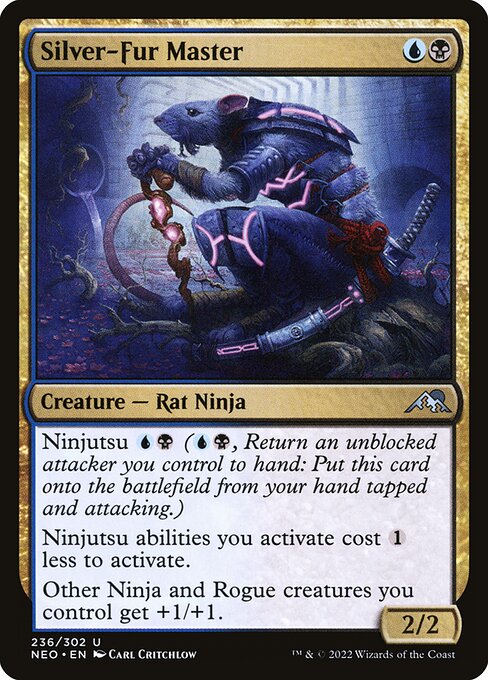 Ninjutsu {U}{B} ({U}{B}, Return an unblocked attacker you control to hand: Put this card onto the battlefield from your hand tapped and attacking.)
Ninjutsu abilities you activate cost {1} less to activate.
Other Ninja and Rogue creatures you control get +1/+1.