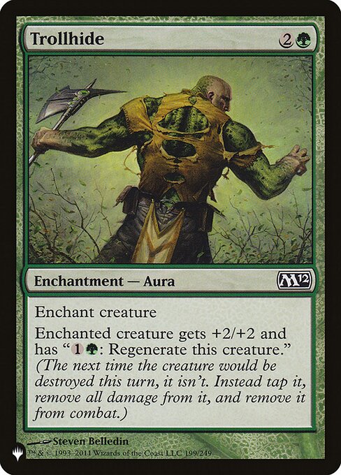 Enchant creature
Enchanted creature gets +2/+2 and has "{1}{G}: Regenerate this creature." (The next time the creature would be destroyed this turn, it isn't. Instead tap it, remove all damage from it, and remove it from combat.)