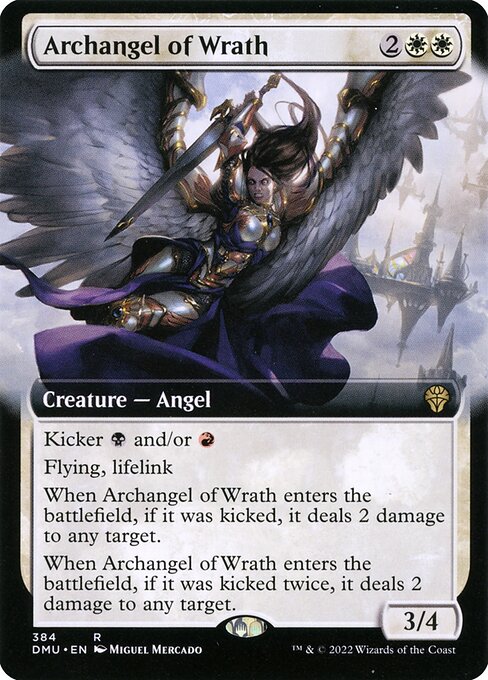 Kicker {B} and/or {R} (You may pay an additional {B} and/or {R} as you cast this spell.)
Flying, lifelink
When Archangel of Wrath enters the battlefield, if it was kicked, it deals 2 damage to any target.
When Archangel of Wrath enters the battlefield, if it was kicked twice, it deals 2 damage to any target.
