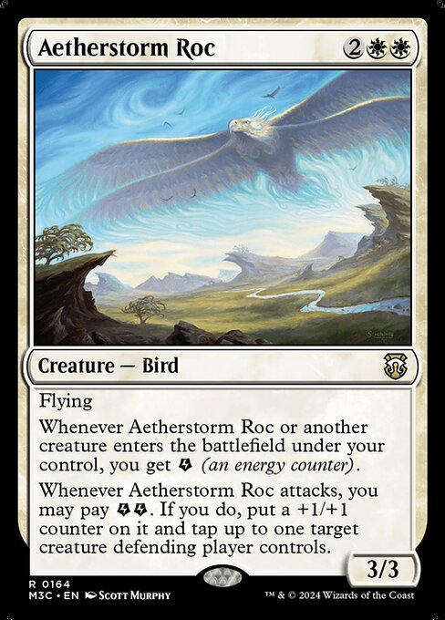 Flying
Whenever Aetherstorm Roc or another creature you control enters, you get {E} (an energy counter).
Whenever Aetherstorm Roc attacks, you may pay {E}{E}. If you do, put a +1/+1 counter on it and tap up to one target creature defending player controls.