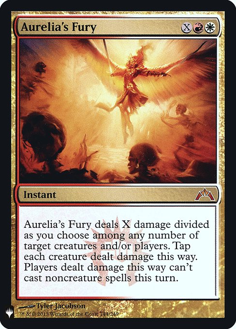 Aurelia's Fury deals X damage divided as you choose among any number of targets. Tap each creature dealt damage this way. Players dealt damage this way can't cast noncreature spells this turn.