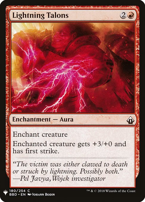 Enchant creature
Enchanted creature gets +3/+0 and has first strike. (It deals combat damage before creatures without first strike.)