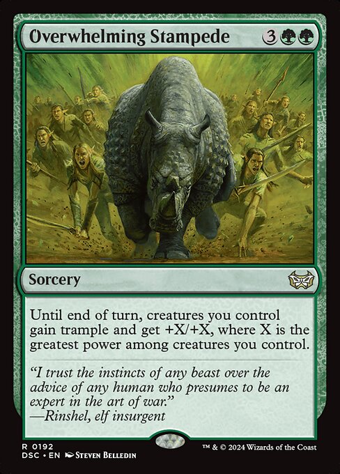 Until end of turn, creatures you control gain trample and get +X/+X, where X is the greatest power among creatures you control.