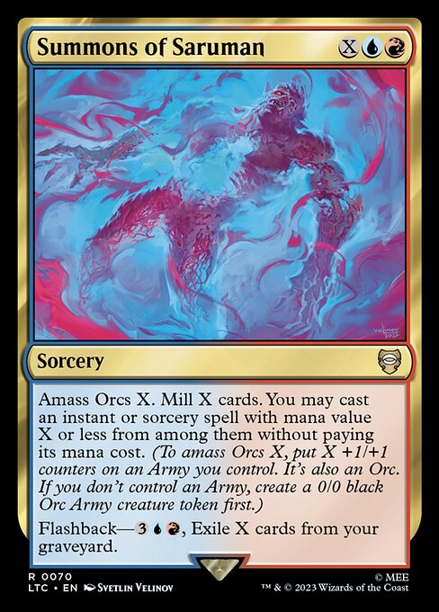Amass Orcs X. Mill X cards. You may cast an instant or sorcery spell with mana value X or less from among them without paying its mana cost. (To amass Orcs X, put X +1/+1 counters on an Army you control. It's also an Orc. If you don't control an Army, create a 0/0 black Orc Army creature token first.)
Flashback—{3}{U}{R}, Exile X cards from your graveyard.