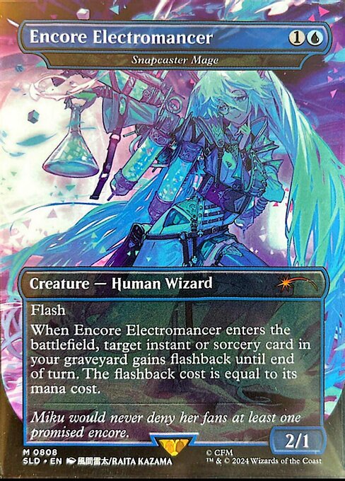 Flash
When Snapcaster Mage enters, target instant or sorcery card in your graveyard gains flashback until end of turn. The flashback cost is equal to its mana cost. (You may cast that card from your graveyard for its flashback cost. Then exile it.)