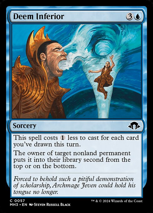 This spell costs {1} less to cast for each card you've drawn this turn.
The owner of target nonland permanent puts it into their library second from the top or on the bottom.