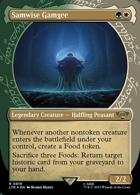 Whenever another nontoken creature enters the battlefield under your control, create a Food token. (It's an artifact with "{2}, {T}, Sacrifice this artifact: You gain 3 life.")
Sacrifice three Foods: Return target historic card from your graveyard to your hand. (Artifacts, legendaries, and Sagas are historic.)