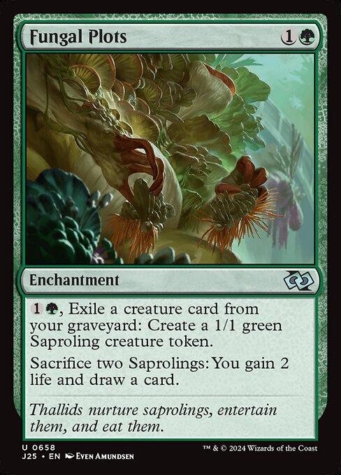 {1}{G}, Exile a creature card from your graveyard: Create a 1/1 green Saproling creature token.
Sacrifice two Saprolings: You gain 2 life and draw a card.
