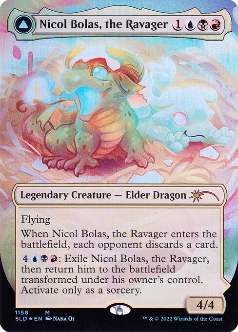 Flying
When Nicol Bolas, the Ravager enters the battlefield, each opponent discards a card.
{4}{U}{B}{R}: Exile Nicol Bolas, the Ravager, then return him to the battlefield transformed under his owner's control. Activate only as a sorcery.   +2: Draw two cards.
−3: Nicol Bolas, the Arisen deals 10 damage to target creature or planeswalker.
−4: Put target creature or planeswalker card from a graveyard onto the battlefield under your control.
−12: Exile all but the bottom card of target player's l