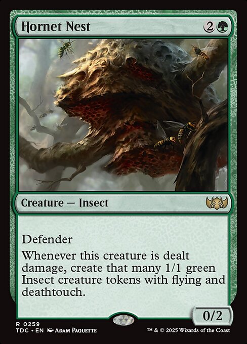 Defender (This creature can't attack.)
Whenever this creature is dealt damage, create that many 1/1 green Insect creature tokens with flying and deathtouch. (Any amount of damage a creature with deathtouch deals to a creature is enough to destroy it.)