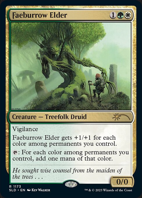 Vigilance
Faeburrow Elder gets +1/+1 for each color among permanents you control.
{T}: For each color among permanents you control, add one mana of that color.
