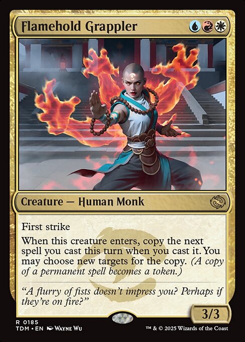 First strike
When this creature enters, copy the next spell you cast this turn when you cast it. You may choose new targets for the copy. (A copy of a permanent spell becomes a token.)