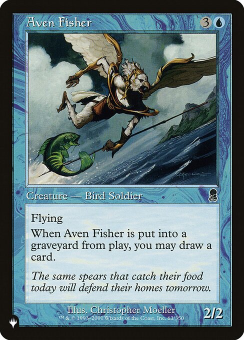 Flying (This creature can't be blocked except by creatures with flying or reach.)
When Aven Fisher dies, you may draw a card.