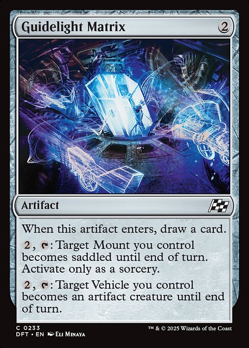 When this artifact enters, draw a card.
{2}, {T}: Target Mount you control becomes saddled until end of turn. Activate only as a sorcery.
{2}, {T}: Target Vehicle you control becomes an artifact creature until end of turn.